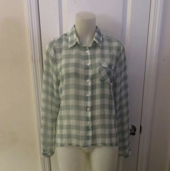 Vintage Tops - Vintage Havana Gray and White Sheer Plaid Shirt